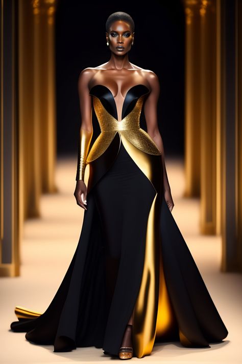 Lexica - Create a futuristic elegant and haute couture evening dress for women that has black color, gold color and is represented in full length wit... Black And Gold Gown, Black And Gold Outfit, Robes Glamour, Couture Evening Dress, Gold Gown, Gaun Fashion, Elegant Attire, Haute Couture Dresses, Glamour Dress