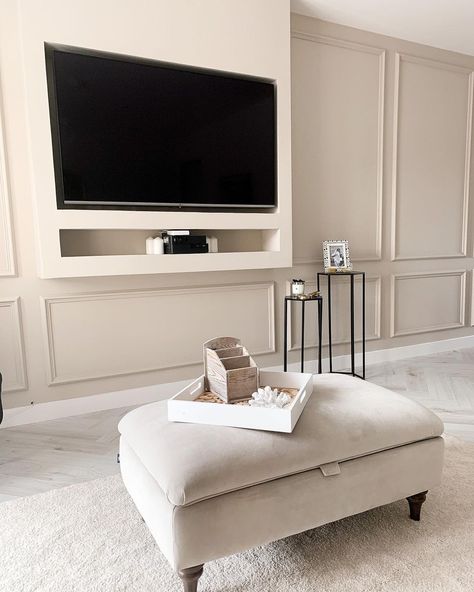 Wall Panelling Around Tv, Cream Wall Panelling Living Room, Tv Panelled Wall, Alcove Wall Panelling, White Panelled Living Room, Neutral Tv Wall, Lounge Panelling With Tv, Panelling Either Side Of Fireplace, Panelled Living Room Wall