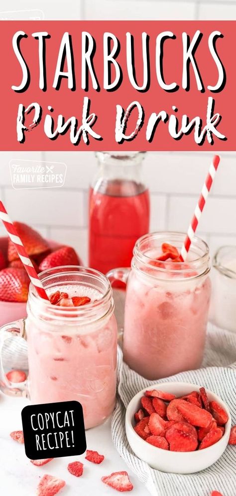 Whip up a deliciously fruity Starbucks Pink Drink Copycat Recipe at home and recreate all that refreshing magic for a fraction of the cost. What started as a secret menu item and then exploded into fame, the Pink Drink is a combination of a strawberry acai base with coconut milk instead of water. Starbucks Strawberry Acai Refresher With Coconut Milk, How Do You Make A Pink Drink, Caribou Copycat Recipes, How To Make Pink Drink, Diy Pink Drink Starbucks, Fruity Starbucks, Pink Drink Starbucks Recipe, Starbucks Pink Drink At Home, Homemade Pink Drink