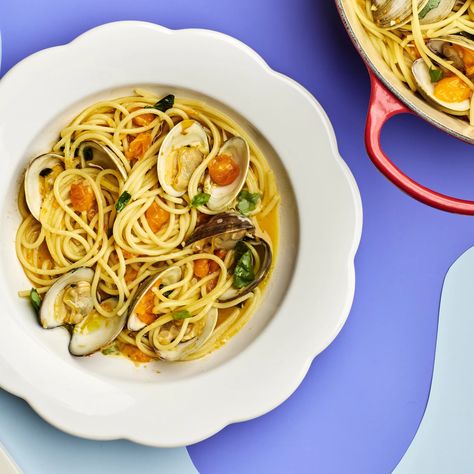 Spaghetti With Clams and Sun Gold Tomatoes Recipe | Epicurious Spaghetti With Clams, Fennel Pasta, Fresh Clams, Spicy Green Beans, Tiny Pasta, Eggplant Caponata, Dairy Free Pasta, Tomatoes Recipe, Veggie Snacks