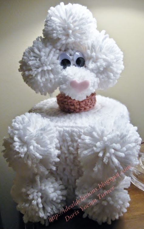 Ideal Delusions: Retro Poodle Tissue Topper - I'm thinking about modifying this for a wine bottle.....LOL Crochet Poodle Toilet Paper Cover Pattern, Crochet Poodle Bottle Cover, Crochet Toilet Paper Holder Free Pattern, Crochet Poodle Pattern Free, Toilet Roll Holder Crochet, Crochet Toilet Roll Cover, Clover Pom Pom Maker, Toilet Roll, Crochet Home