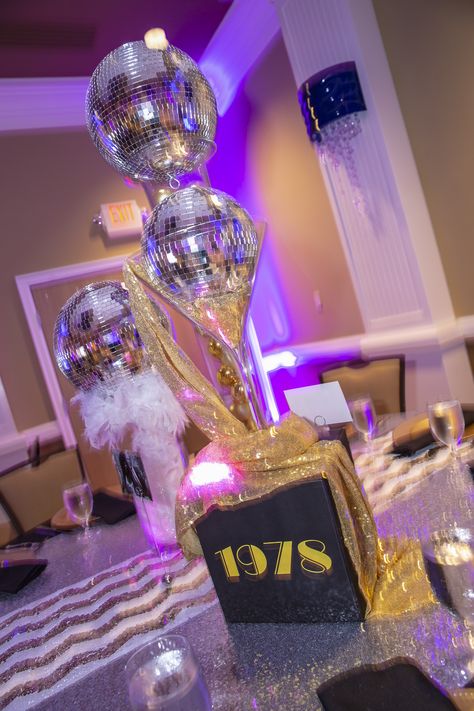 Decades Theme Centerpieces, Studio 45 Party, Gold Disco Party Decorations, Soul Train Centerpieces, 70s Party Centerpieces Table Settings, Motown Theme Party Decoration, 70s Theme Party Decorations Table Settings, Decades Party Centerpieces, 70s Disco Party Decorations Table Centerpieces