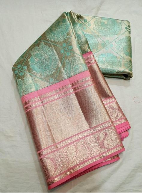 Green And Pink Combination, Pastel Green And Pink, Saree Color Combinations, Pink Combination, Latest Silk Sarees, Kanjivaram Sarees Silk, Pattu Saree Blouse Designs, New Saree Designs, Traditional Silk Saree