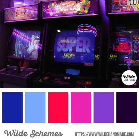 Wilde Schemes: Arcade Neon for 80s Kids ⋆ Wilde Designs Arcade Colour Palette, Retro Game Color Palette, Arcade Color Palette, Arcade Basement, 80s Color Palette, Analogues Colour, 80s Neon, Pixel Color, 80s Aesthetic