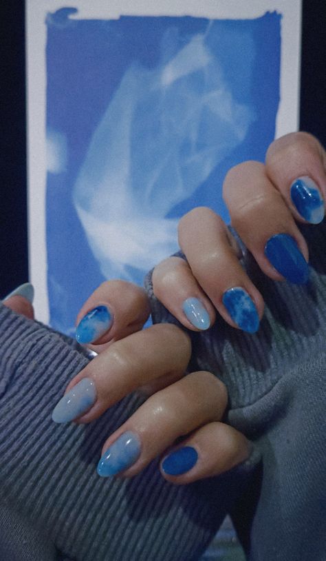 Indigo Nail Art, Minimal Blue Nails, Rm Indigo Nails, Indigo Nail Designs, Blue Watercolor Nails, New Jeans Nails Kpop, Indigo Nails Inspiration, Bts Nail Art Designs, Indigo Blue Nails