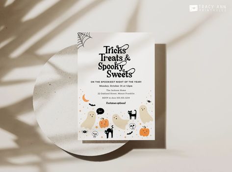 Halloween Party Invitation Editable Template, Minimalist Halloween Invite, Printable Tricks Treats and Spooky Sweets Invitation Ghosts B141 - Etsy Two Spooky, Halloween Parfait, Perfect Halloween Party, Minimalist Halloween, Invitation Halloween, Event Graphics, 2nd Birthday Invitations, Birthday Party Invite, Fourth Birthday