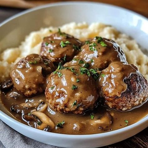 Chef Jamie Oliver | 🍽️🥩 The Ultimate Salisbury Steak Meatballs with Mushroom Gravy | Facebook Stanley Tucci Recipes, Tucci Recipes, Meatballs With Mushroom Gravy, Chef Jamie Oliver, Salisbury Steak Meatballs, Stanley Tucci, Meat Dinners, Mushroom Gravy, Salisbury Steak