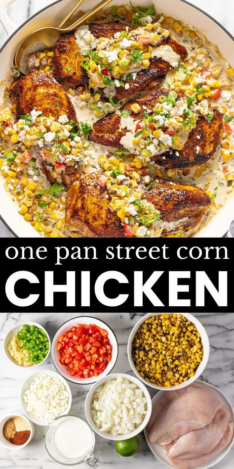 This creamy street corn skillet chicken recipe will quickly become a family favorite and the best part is that it comes together in about 30 minutes. Seasoned chicken breast is sauteed to perfection and then a simple creamy pan sauce comes together with loads of corn, red bell pepper, Cotija cheese, and fresh herbs. Nestle the chicken back into the creamy sauce for a one-pan dinner your whole family will love! Street Corn Skillet, Creamy Street Corn, Simple Summer Dinners, Pineapple Bake, Corn Skillet, Street Corn Chicken, Olive Loaf, California Burrito, Vegetarian Mexican Recipes