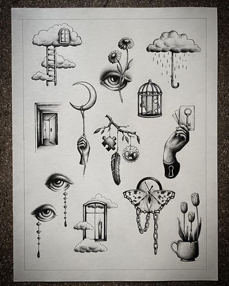 New Flashes available! I would love to tattoo these! And I still have a couple of free appointments in August - just send me a dm if you‘re interested. These are repeatable flashes, so I might tattoo them more than once. #tattooberlin #flashtattoo #wannado #tattoo #flash #tattoodesign #blackwork #blackworktattoo #surrealism #symbolism #surrealismtattoo #cloudtattoo #windowtattoo #femaletattooartist Fine Line Surrealism Tattoo, Surreal Flash Tattoo, Surealisme Tattoo, Small Surreal Tattoo, Trippy Flash Tattoo, Surrealism Art Ideas, Small Blackwork Tattoo, Flash Tattoo Blackwork, Surreal Tattoo Ideas