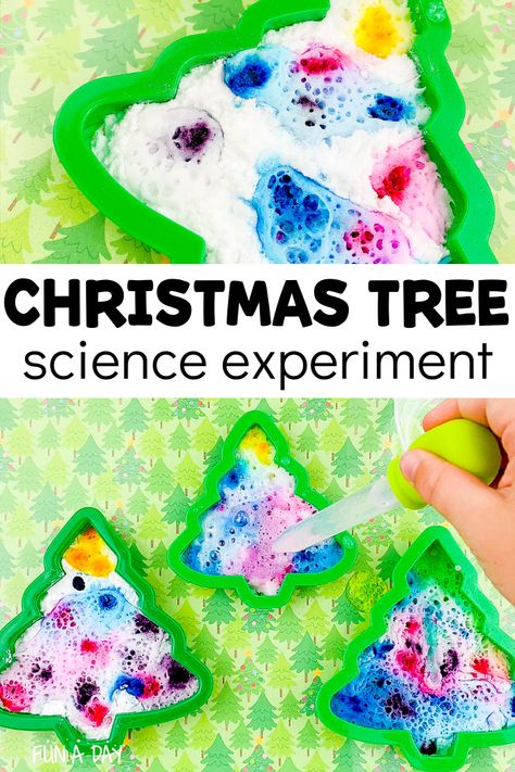 Baking Soda Christmas Tree Science Experiment | Fun-A-Day! Christmas Baking Soda Experiment, Christmas Preschool Science Experiments, Christmas Math And Science Activities Preschool, Christmas Science Projects, Melting Christmas Tree Experiment, Holiday Science Activities Preschool, Preschool Christmas Science Experiments, Christmas Science Experiments Preschool, Holiday Science Activities For Kids