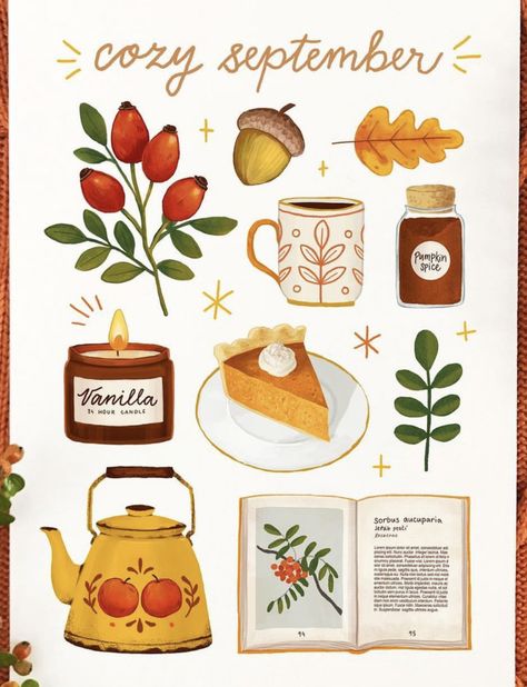 Autumn Hygge, Autumn Illustrations, Lettering Projects, Gouache Illustrations, Autumn Illustration, Fall Art, Fall Watercolor, Autumn Painting, Autumn Art