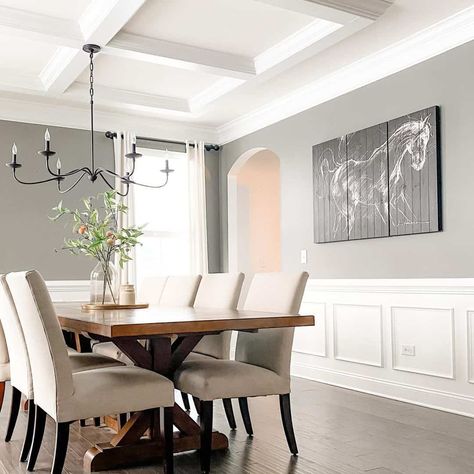 White Wainscoting Living Room, Modern Wainscoting Ideas, Modern Black Chandelier, Modern Wainscoting, Black Upholstered Dining Chairs, Gray Dining Room, Wainscoting Living Room, Wainscoting Ideas, Dining Room Wainscoting