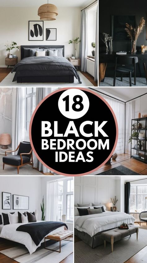 Black Accent In Bedroom, Black Bed With Black Bedding, Bedding For Black Headboard, Black Bed Sheets Aesthetic, Black Boho Bedroom Ideas, Bedrooms With Black Beds, Black Romantic Bedroom, Farmhouse Bedroom With Black Furniture, Black Leather Bed Bedroom Ideas