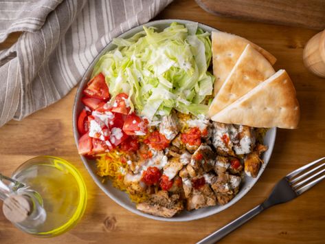 This food cart-style chicken salad with a yummy white sauce is a delicious way to switch up your everyday salad. Gyros Bowl, Chicken Over Rice, Halal Recipes, Low Sodium Chicken Broth, Nyc Food, White Sauce, Food Cart, Lemon Chicken, Salad Ingredients