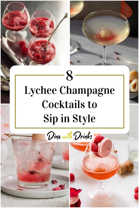 Collage of 4 lychee champagne cocktails. Elderflower Martini, Lychee Cocktail, Champagne Cocktail Recipes, Champagne Sorbet, Elderflower Cocktail, Easy To Make Cocktails, Champagne Recipes Cocktails, Lychee Martini, Champagne Cocktails