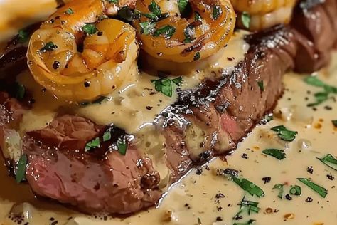 Steak in Creamy Cajun Shrimp Sauce (Surf and Turf) Surf And Turf Sauce, Surf And Turf Recipes, Cajun Steak And Shrimp, Steak And Shrimp Recipes, Surf N Turf, Shrimp Sauce, Steak And Shrimp, Surf And Turf, Cajun Shrimp