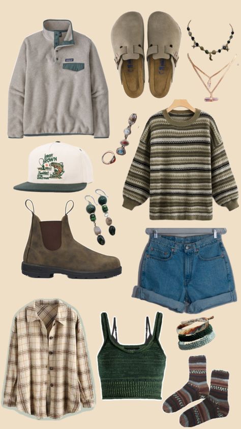 Granola girl aesthetic style outfits, patagonia synchilla fleece, jean shorts, blundstone boots, Birkenstock clogs, crystal jewelry, jem rings, granola socks, comfy socks, flannel shirt, green tank top, blundstone boots, national park themed hat, green sweater, Granola Girl Outfits, Granola Outfits, Surfergirl Style, Earthy Outfits, First Aid Beauty, Granola Girl, Life Tips, Beauty And Lifestyle, Outfit Inspo Fall