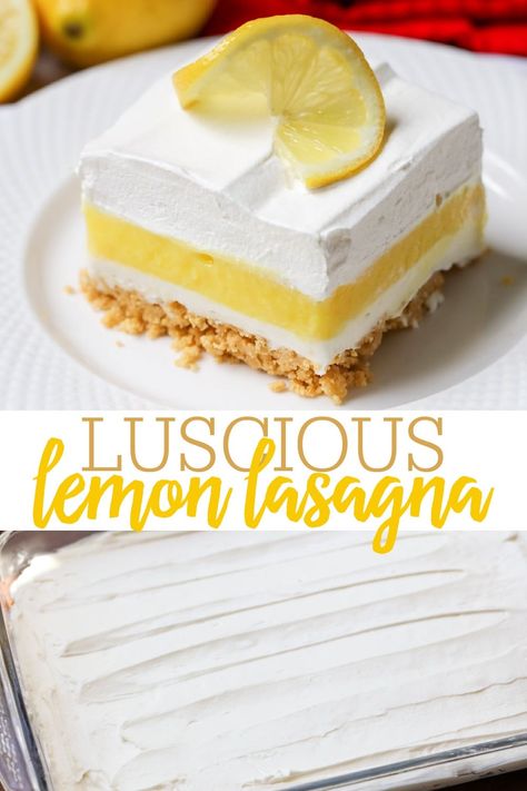 This luscious lemon lasagna consists of 4 tasty layers, including a Lemon Oreo crust, cream cheese layer, lemon pudding layer and topped with whipped cream! So creamy and refreshing—you can't get enough!#lemonlush #lemonlasagna #lemondessert #dessert Lemon Lasagna Dessert, Lemon Lush Recipe, Lemon Lasagna, Lemon Oreo, Lemon Lush Dessert, Lemon Lush, Pudding Flavors, Pumpkin Pudding, Lemon Dessert Recipes