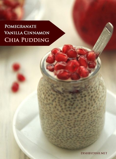 Pomegranate Vanilla Cinnamon Chia Pudding - Dish by Dish Cinnamon Chia Pudding, Chia Recipe, Chia Seed Recipes, Chia Seed Pudding, Pudding Desserts, Pomegranate Seeds, Dairy Milk, Chia Pudding, Puddings