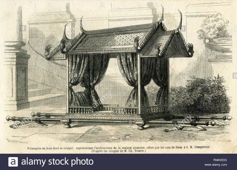 palanquin in gilded and carved wood, representing the architecture of the Siamese house, offered by the kings of Siam to S.M the Emperor. Stock Photo Palanquin Drawing, Palanquin Design, Landscape Study, Khon Kaen, Future City, Fantasy Book, Indian Home Decor, Art Antique, Indian Home