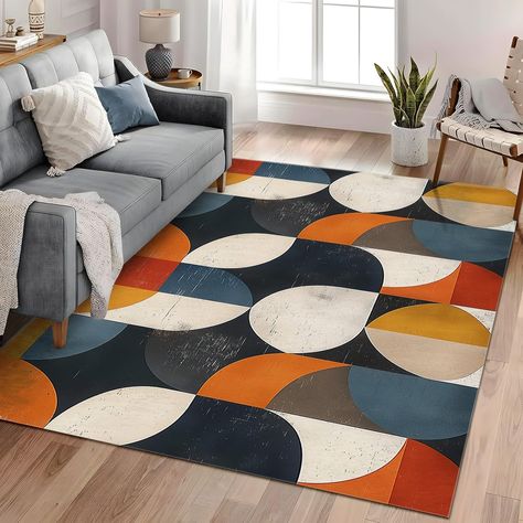 Geometry Area Rug - Soft Non-Slip Carpet Floor Mat for Living Room, Office, Bedroom, Dining Room Decorative Carpets- Navy Blue Burnt Orange Beige Stitching, 120cm x 180cm Rugs Blue And Orange Living Room, Lounge Dining Room, Cream Living Rooms, Bedroom Lounge, Living Room Orange, Bedside Rug, Entrance Decor, Room Carpet, Rectangular Rugs