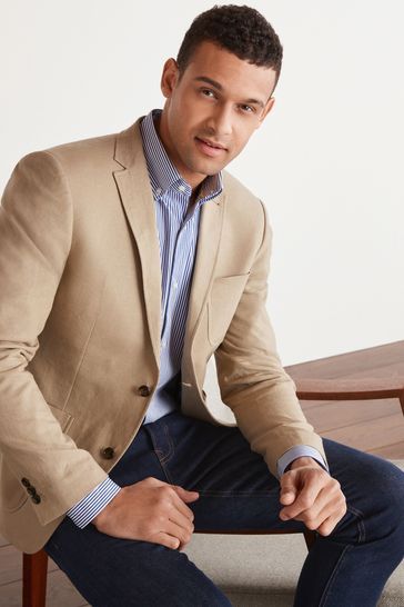 Light Brown Linen Blend Blazer Light Brown Blazer Outfit Men, Light Brown Blazer Outfit, Brown Blazer Outfit Men, Brown Blazer Outfit, Casual Blazer Men, Blue Pants Men, Smart Casuals, Men's Trench Coat, Jackets Casual