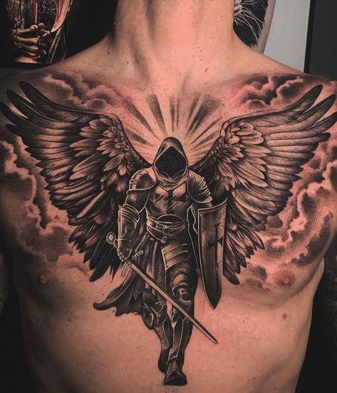 Mens Guardian Angel Tattoo, Gladiator Angel Tattoo, Michael Defeating Lucifer Tattoo, Saint Michael Chest Tattoo, Saint Michael Angel Tattoo, Cross Shoulder Tattoo Men, Gabriel Angel Tattoo, Hip Tattoos Men, Saint Michael Tattoo Sleeve