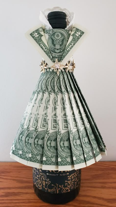 Wine Bottle Money Dress, Money Wine Bottle Dress, Money Dress Dollar Bills, Money Tree Diy Cash Gifts, Christmas Money Oragomi, Money Origami Heart, Wine Bottle Dressing, Money Necklace Dollar Bills, Money Gifts Christmas