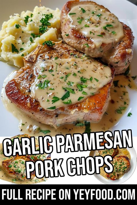 Garlic Parmesan Pork Chops Craving a satisfying yet easy meal? Look no further than Garlic Parmesan Pork Chops! This recipe offers two delicious variations: a crispy breaded version and a pan-seared option with a creamy Creamy Garlic Parmesan Pork Chops, Side With Pork Chops, Garlic Parm Pork Chops, Best Pork Chops Ever, Garlic Parmesan Pork Chops, Pan Pork Chops, Hacks For Home, Parmesan Crusted Pork Chops, Parmesan Pork Chops