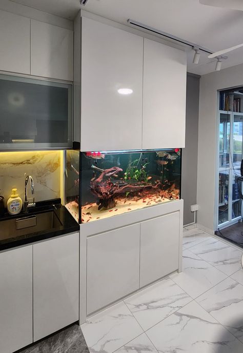 Aquarium In Kitchen, Fish Tank In Kitchen, In Wall Fish Tank, Home Fish Tank Ideas, Kitchen Aquarium, Big Aquarium Living Rooms, Aquarium Setup Ideas, Aquarium Interior Design, Aquarium Kitchen