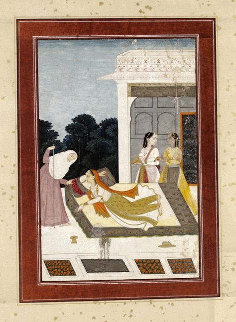 Prositapatika Nayika, disconsolate lady, Nayak Nayika, opaque watercolour on paper, Nurpur, ca. 1770-1780. India Painting, Southeast Asian Arts, Indian Pictures, Indian Paintings, National Art, Handmade Miniatures, Krishna Art, Traditional Paintings, Watercolor Portraits