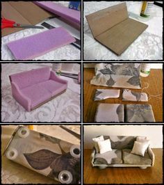 Manualidades para muñecas: Sofá - Muebles de Sala Dollhouse sofa miniature Hacer un sofá para la casa de muñecas es un proyecto diver... Easy Diy Wall Hanging, Barbie House Furniture, Diy Barbie House, Doll Furniture Diy, Diy Barbie Furniture, Doll House Plans, Doll House Crafts, Barbie Doll House, Wall Hanging Diy