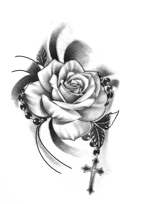 Cross With Rose Tattoo Design, Rose And Cross Drawing, Rosary With Roses Tattoo, Rose With Rosary Tattoo Design, Rose And Cross Tattoos For Women Design, Rose And Rosary Tattoo Design, Rose Tattoo With Rosary, Rosary Tattoo Design Drawing, Rose Rosary Tattoo