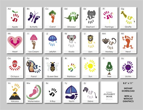 Kids Handprint & Footprint Alphabet 2 ways to have fun, with the premade graphics or DIY them yourself! Fun for all ages! Enjoy quality time with your little ones while creating memories with this handprint and footprint alphabet bundle! Perfect for at home or school or just something to do on a rainy day!  *No physical product will be shipped, this is a digital downloadable art print. 8.5 inches by 11 inches High resolution files. Now go on and enjoy the fun with your little ones! Less Alphabet Hand Print Art, Footprint Alphabet Art, Q Handprint Craft, Letter G Handprint Craft, Hand Print Alphabet Book, I Handprint Craft, Alphabet Footprint Art, Abc Handprint Art Alphabet Book, August Handprint Art