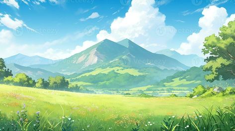 landscape countryside cartoon scene background. green field with dirt path and mountain background. generative AI Landscape Countryside, Anime Landscape, Background Landscape, Mountain Background, Scene Background, Landscape Mountain, Background Green, Countryside Landscape, Scenery Background