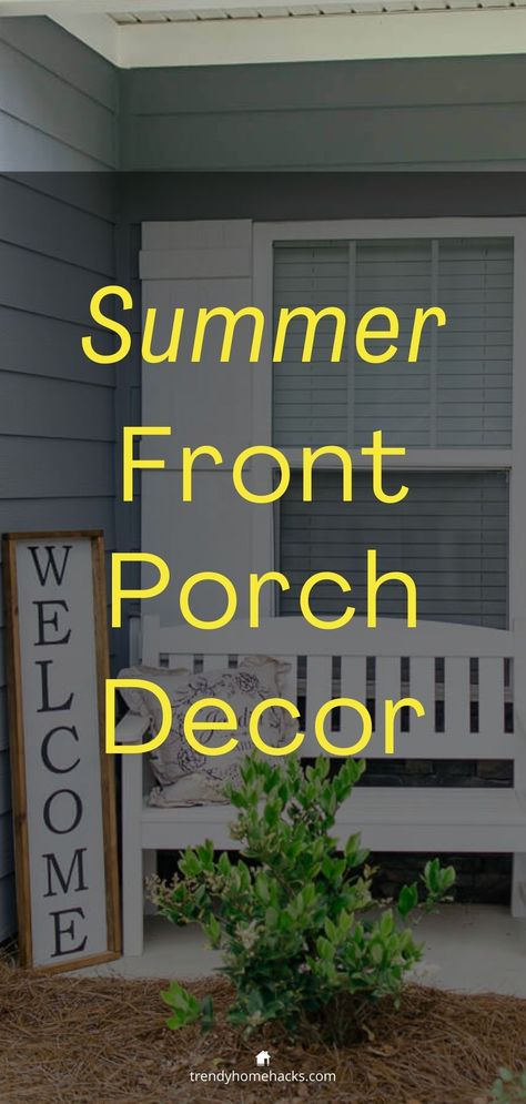 Oftentimes all you need to style a beautiful small porch or entry verandah is a bench with a throw pillow, a small vignette, and a welcoming sign. Peruse simple summer front porch decor and more by visiting the blog. #summerfrontporchdecor Farmhouse Small Porch Decor, Small Verandah Decorating Ideas, Front Porch Tables Ideas, Front Porch Simple Decor, Shaded Front Porch Ideas, Front Porch Lounge Ideas, Front Porch Bench Decorating Ideas, Summer Front Porch Decorating Ideas, Front Door Summer Decor Ideas