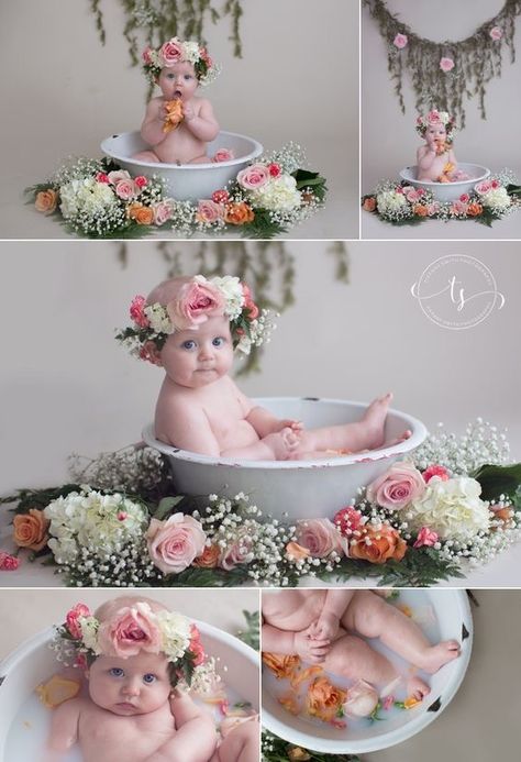 Three Month Photoshoot, Milkbath Photography Baby, Infant Photoshoot Ideas 3 Months, Six Month Baby Picture Ideas, 9 Month Old Photo Ideas, Baby 6 Months Photography, 3 Months Baby Photography Ideas, 6 Month Birthday Ideas, Babygirl Photoshoot Ideas