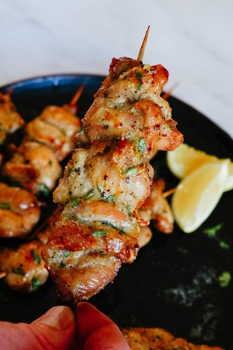 Lemon Butter Air Fryer Chicken Skewers (Chicken Kabobs) Butter Chicken Skewers, Skewers Chicken, Satay Skewers, Chicken Satay Skewers, Lemon Butter Chicken, Satay Sauce, Lemon Garlic Chicken, Air Fried Chicken, Lemon Butter Sauce