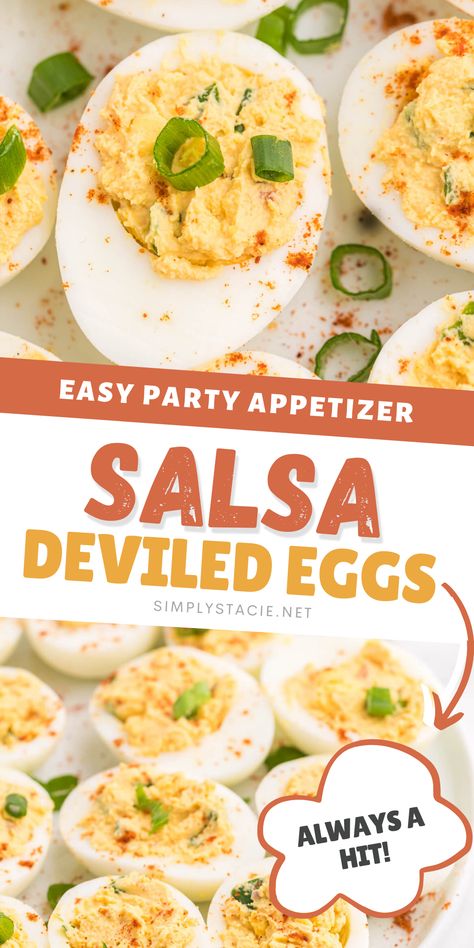 Two image collage of Salsa Deviled Eggs. First image shows up close of a deviled egg. Second image shows them on a plate. Taco Deviled Eggs, Mexican Deviled Eggs Recipe, Unique Deviled Eggs, Devils Eggs, Mexican Deviled Eggs, Mexican Easter, Gourmet Deviled Eggs, Angel Eggs, Spicy Deviled Eggs Recipe