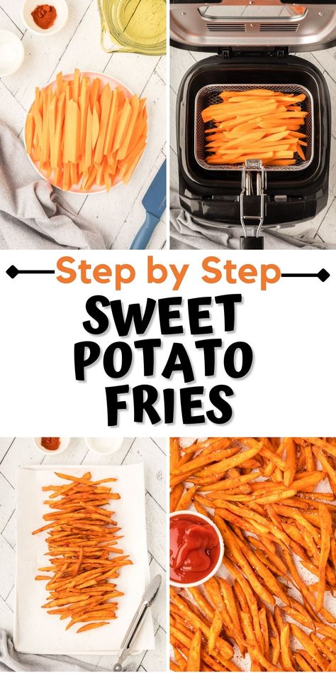 Healthy French Fries, Fries In The Air Fryer, Homemade Sweet Potato Fries, Air Fryer Sweet Potato Fries, Making Sweet Potato Fries, Frozen Sweet Potato Fries, Cravings Recipes, Freeze Sweet Potatoes, Crispy Sweet Potato Fries