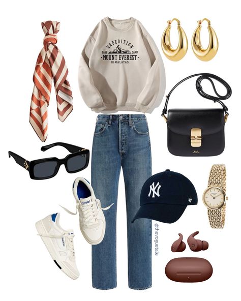 A casual day outfit ☕️🍿🎧 Effortlessly chic and comfy for a relax day out with friends or families. Whether exploring a charming flea market, indulging in your favorite cafe, or enjoying a movie of your choice at the cinema. Graphic pullover : @amazon Jeans : @modaoperandi Bag : @apc_paris Sunglasses : @louisvuitton Shoes : @reebok Cap : @neweracap Earbuds : @beatsbydre Watch : @patekphilippe Scarf: @mango Earrings: @nakdfashion #virtualstyle #virtualstylist #ootdfashion #fashions... Cinema Outfits, Cinema Outfit, Amazon Jeans, Paris Sunglasses, Relax Day, Mango Earrings, Movie Date Outfits, Shoes Reebok, Androgynous Style