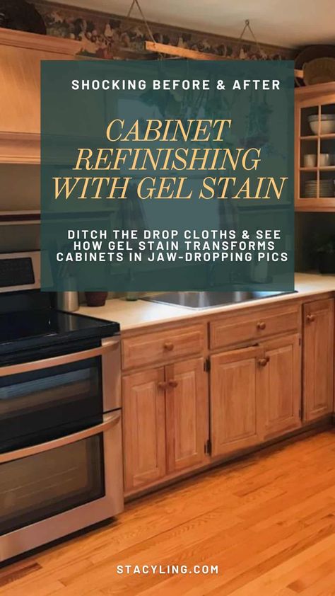 Upgrade Oak Kitchen Cabinets, Staining Cupboards Kitchens, Diy Cabinet Staining, Stripping Oak Cabinets, Painted Maple Cabinets Before And After, How To Refinish Cabinets, Gel Stain Maple Kitchen Cabinets, Gel Stain Oak Cabinets Before And After, How To Refinish Oak Cabinets