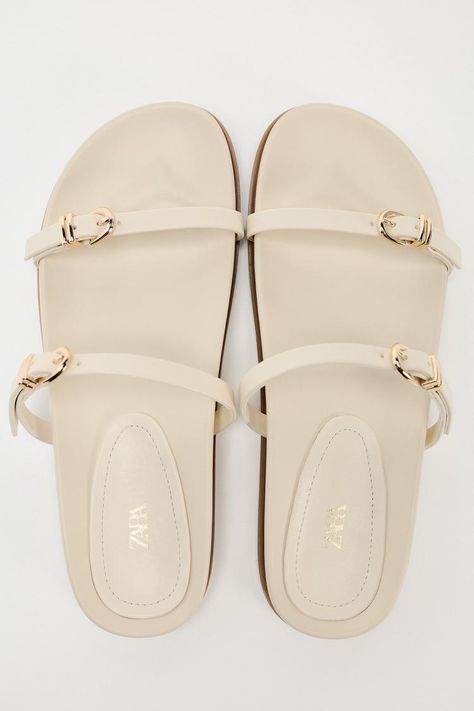 SANDALS WITH BUCKLED STRAPS - Ecru White | ZARA United Kingdom Flat Sandals With Tang Buckle, Beach Slides With Tang Buckle, Beige Double Strap Sandals With Buckle Closure, Summer Footbed Sandals With Tang Buckle And Flat Heel, Summer Toe Loop Sandals With Tang Buckle, Summer Sandals With Buckle Closure Flat Heel, Summer Sandals With Buckle Closure And Flat Heel, Flat Sandals With Tang Buckle For Beach, Flat Tang Buckle Sandals For The Beach