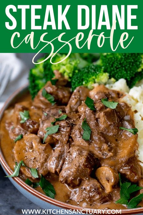 Slow Cooked Steak Diane Casserole - a great make-ahead meal, just thing if you're feeding a crowd! Cook in the oven, on the hob or in the slow cooker. #SlowCooker #Crockpot #SteakDiane #Casserole #SlowCooked #FamilyMeal Crockpot Steak Diane, Slow Cooker Recipe For A Crowd, Sirloin Steak Casserole Recipes, Rump Steak Recipes Dinners, Beef Casserole Recipes Slow Cooker, Sirloin Steak Recipes Crockpot, Rump Steak Recipes, Slow Cooked Steak, Crockpot Steak Recipes