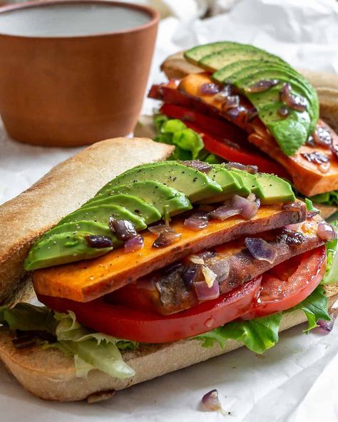 Sweet Potato Sandwich - Plant-Based on a Budget Sweet Potato Sandwich, Pan Fried Sweet Potatoes, Vegan Mashed Sweet Potatoes, Potato Recipes Baked, Plant Based On A Budget, Potato Sandwich, Recipe Book Ideas, Sweet Potato Recipes Baked, Vegan Wraps