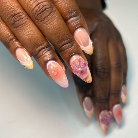 Wet look aura nails >>>> Medium length aura, 3d gel, orchid/3d flower sunset nails 🩷 Wet Nails, 3d Gel Nails, Nessa Nails, Sunset Nails, Nails Medium Length, Aura Nails, Airbrush Nails, Nails Medium, Wet Look