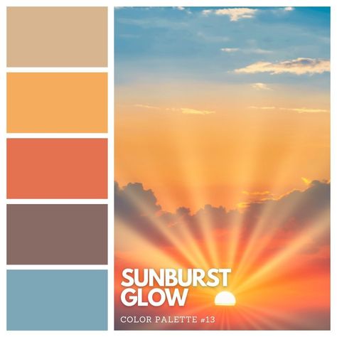 Bask in the radiant hues of our 'Sunburst Glow' palette ☀️✨ Immerse yourself in the warm oranges, vibrant yellows, and calming blues, inspired by the breathtaking sunset with bursts of sunlight and billowing clouds. 🌤️ Save this palette to bring a touch of sunset magic into your creations! 🎨 #SunburstGlow #ColorPalette #SunsetInspiration #RadiantColors 🌈 Sunny Day Color Palette, Color Palette Sunrise, Sunrise Color Palette Mornings, Blue And Yellow Colour Palette, Sunshine Palette, Sunshine Color Palette, Sunset Pallet, Sunrise Color Palette, Blue Pallets