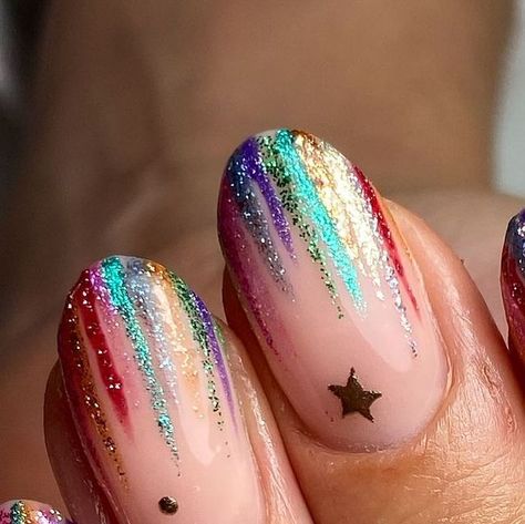 Chloe Birks - Nail Art by Chlo on Instagram: "When clients love a set so bad they repeat for Christmas the year after 😅🌈✨ glitzy set inspo from the iconic @leannehaycock_ original nails using every glitter I own from @glossifyofficial @homeofnailart @the_gelbottle_inc prep @officialnavyprofessional & @willowacademy_lj #glitternails #christmasnails #christmasnailinspo #christmasnailart #glitternailinspo #decembernails #starnails #nyenails #newyearsnails #nailart #nailit #nailitdaily #nailsnailsnails #nailaddict #loveglossify #homeofnailart #hona #thegelbottleinc" Star Nails Sparkle, Tinsel Nail Art, Abba Inspired Nails, Rainbow Christmas Nails, Colourful Christmas Nails, Kesha Nails, Disco Nails 70s, Abba Nails, Taylor Swift Nails Ideas