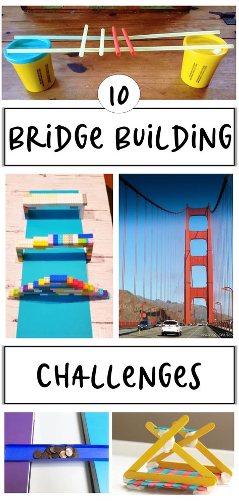 The pin shows four images of different bridges made from simple materials and then a real photograph of a huge bridge from a trip/travel. Stem Build A Bridge, London Bridge Activities Preschool, Building A Bridge Project For Kids, Bridges Preschool Activities, Build A Bridge Stem Challenge, The Family Under The Bridge Activities, Bridge Activities For Preschoolers, Stem Bridge Building Challenge, Bridge Building Stem Activities