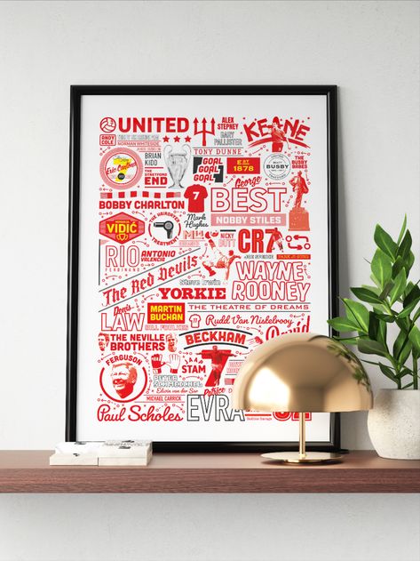 A graphical retro print that celebrates the history of Manchester United, the legends of Man Utd and the club culture. Any Utd fan would love to receive a piece of Manchester United wall art print as gift, whether it be your dad, your boyfriend or a best friend. It features legendary figures of the club such as Sir Alex Ferguson, Sir Matt Busby, Eric Cantona, Cristiano Ronaldo and record goal-scorer Wayne Rooney. This is a Manchester United Poster packed with important fan references. Arsenal Fc Art, Arsenal Gifts, Manchester United Art, History Poster, Football Artwork, History Wall, History Posters, Apartment Art, A Best Friend